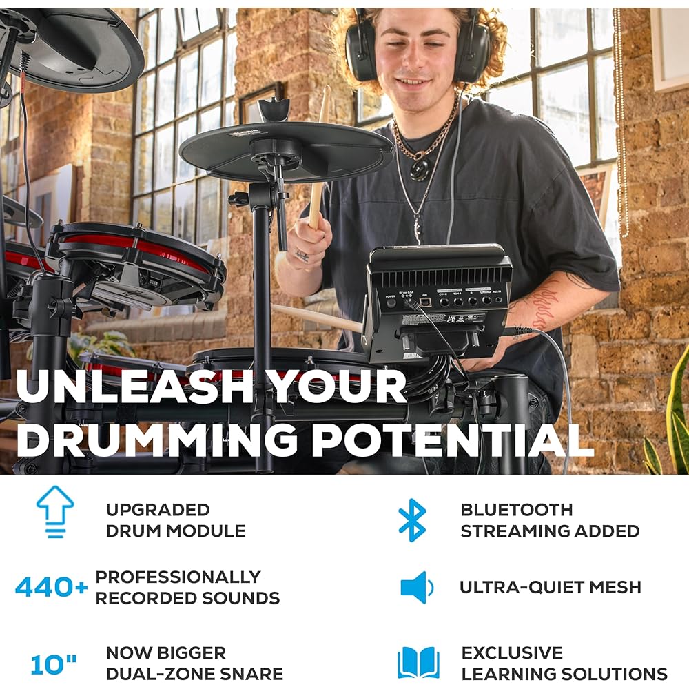 Alesis Nitro Max Kit 10 Piece Electric Drum Set with Quiet Mesh Pads, 10" Dual Zone Snare, Bluetooth, 440+ Sounds, Drumeo, Drum Throne and Headphones