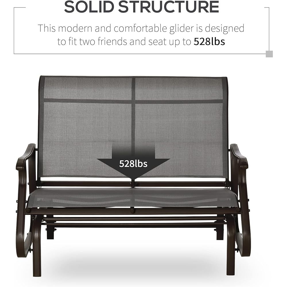 Outsunny 2-Person Outdoor Glider Bench，Patio Glider Loveseat Chair with Powder Coated Steel Frame，2 Seats Porch Rocking Glider for Backyard, Lawn, Garden and Porch, Mixed Gray