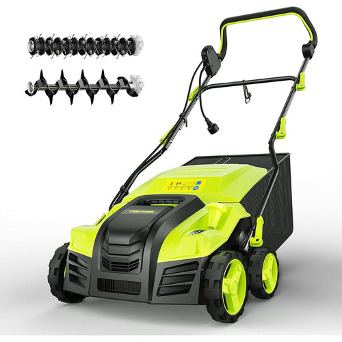 16-Inch Electric Dethatcher and Scarifier, YERYORK 2-in-1 Scarifier and Lawn Dethatcher with Powerful 15.5 AMP Motor 14.5Gal Collection Bag 5-Position Depth Foldable Handle for Lawns(Dark Green)
