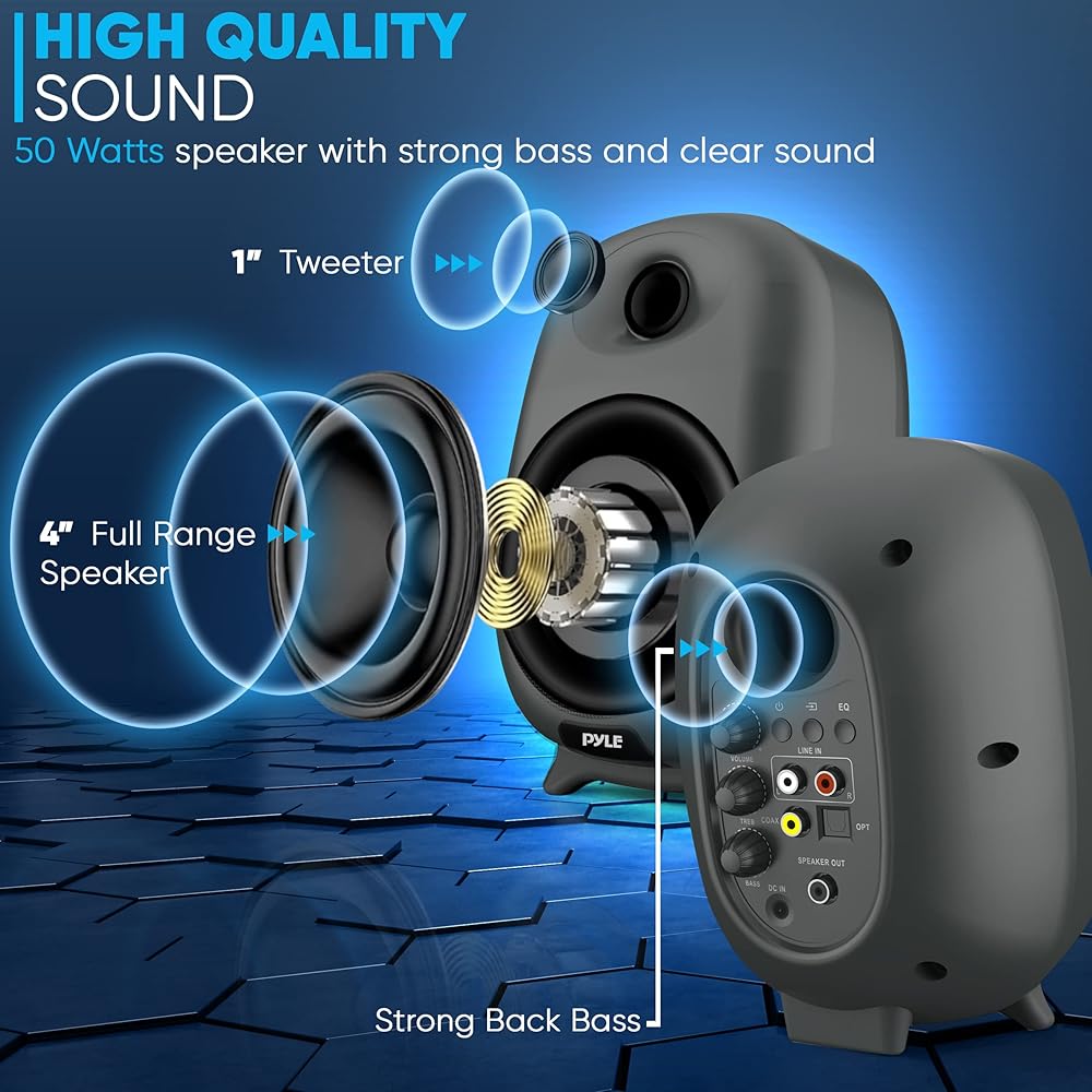 PyleUsa HiFi 60W Powered Bluetooth Bookshelf Monitor Speaker Set, Optical RCA Input, Bass/Treble Adjustable,Deep Bass, 3 Audio Mode,Studio Computer Desk Stereo System,Remote Control,Black PBKSR40