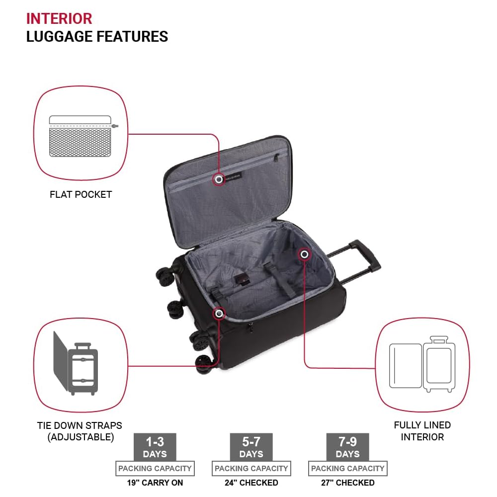 | SwissGear Sion II Softside Expandable Luggage with Spinner Wheels, Black, 3-Piece Set (20/24/28) | Suitcases