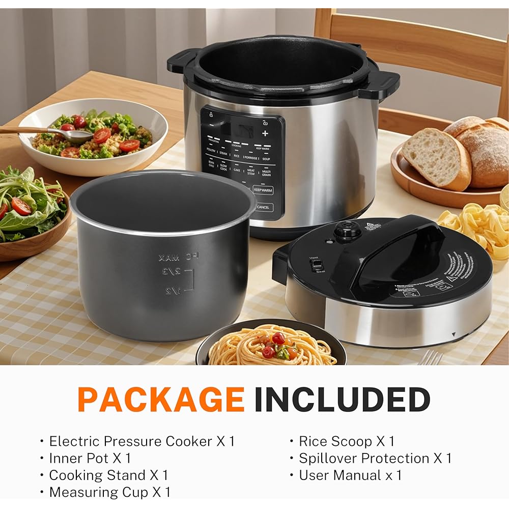 Simple Deluxe 12-in-1 Electric Pressure Cooker, 6QT Stainless Steel &amp; Non-Stick Multi Cooker for Slow Cook, Meat Stew, Cake, Porridge, Multigrain, Dishwasher Safe, Silver