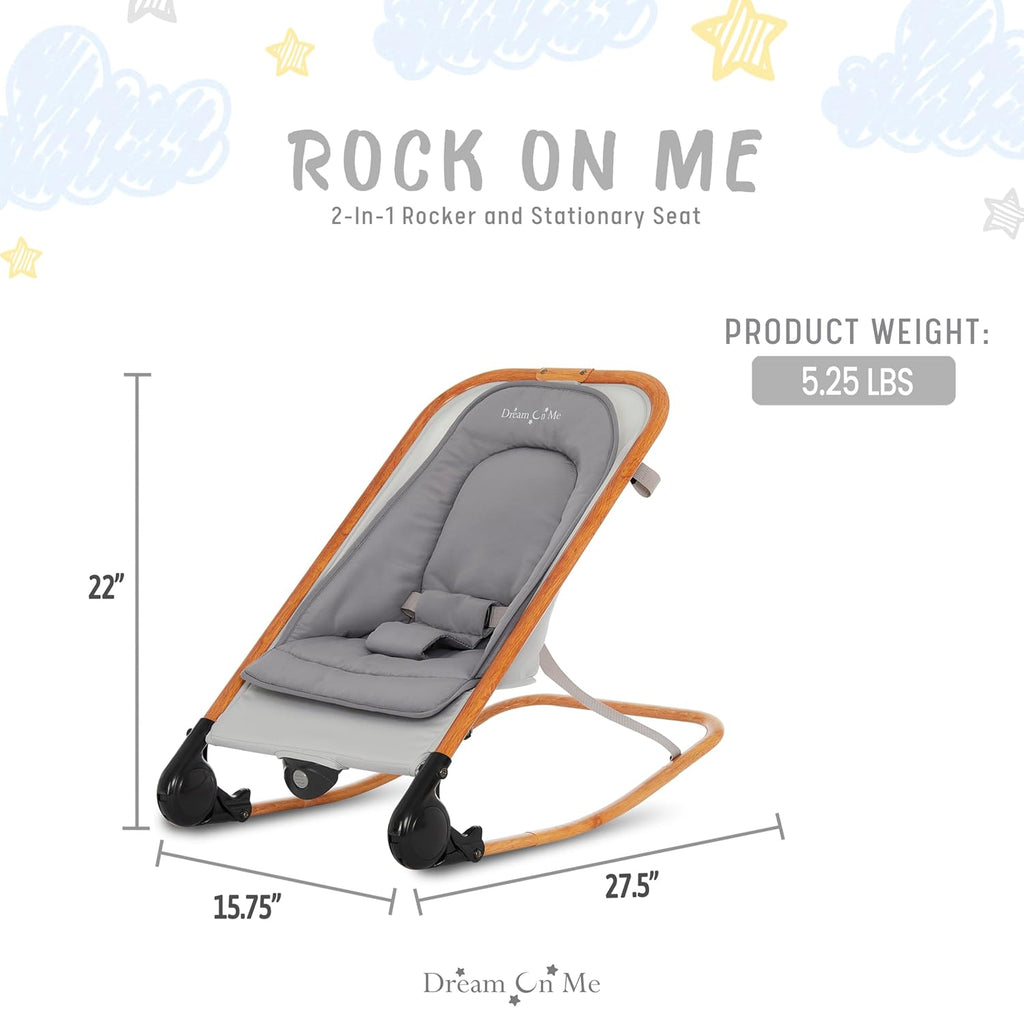 Dream on Me Rock with me 2-in-1 Rocker and Stationary Seat | Compact Portable Infant Rocker with Removable Toys Bar &amp; Hanging Toys in Grey