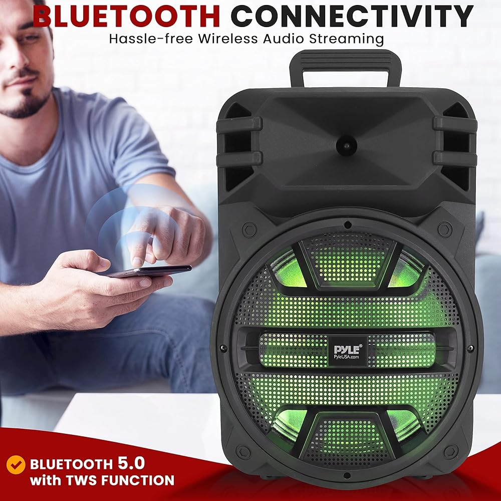 Pyle 12'' Portable Bluetooth Speaker System 800 Watts Karaoke Speaker w/ Latest DJ LED Lights, USB/FM/BT/Aux/Remote Control/Mic Inputs &amp; Built-in Rechargeable Battery PPHP1243B