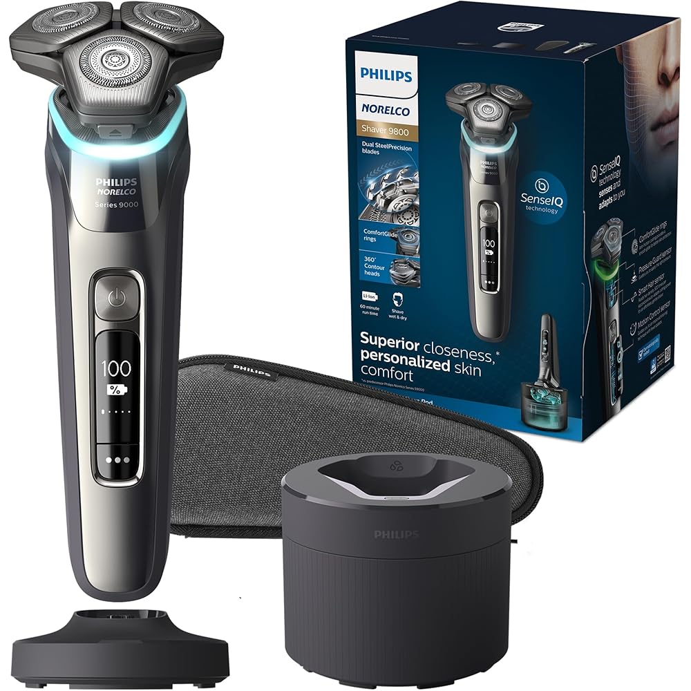 Philips Norelco Shaver Series 9000, Wet and Dry Electric Shaver, with Lift &amp; Cut Shaving System and SenseIQ Technology, Pop-up Trimmer, Cleaning Pod, Charging Stand and Travel Case, Model S9987/85
