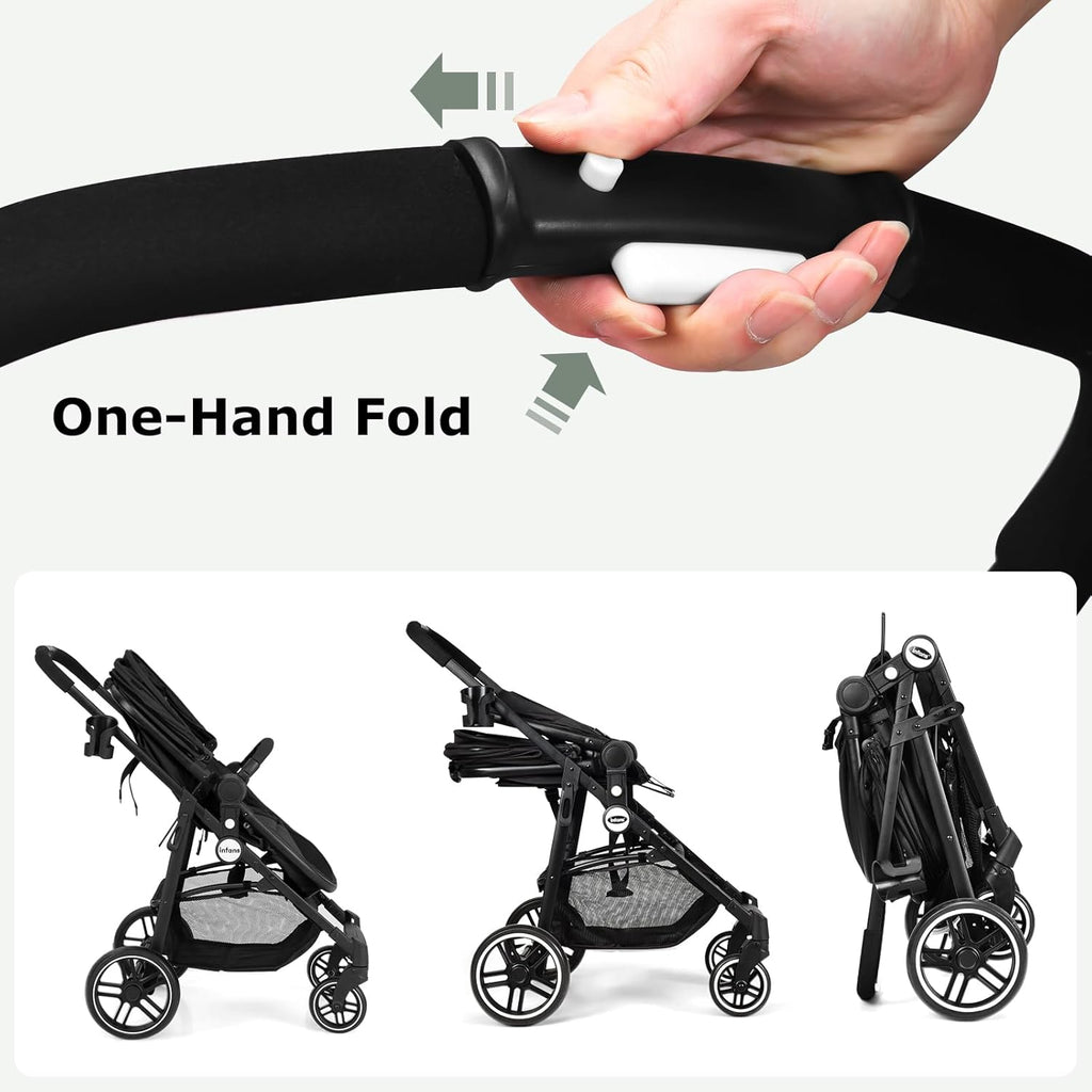 INFANS 2 in 1 Baby Stroller, High Landscape Infant Stroller &amp; Reversible Bassinet Pram, Foldable Pushchair with Adjustable Canopy, Storage Basket, Cup Holder, Suspension Wheels (Black)