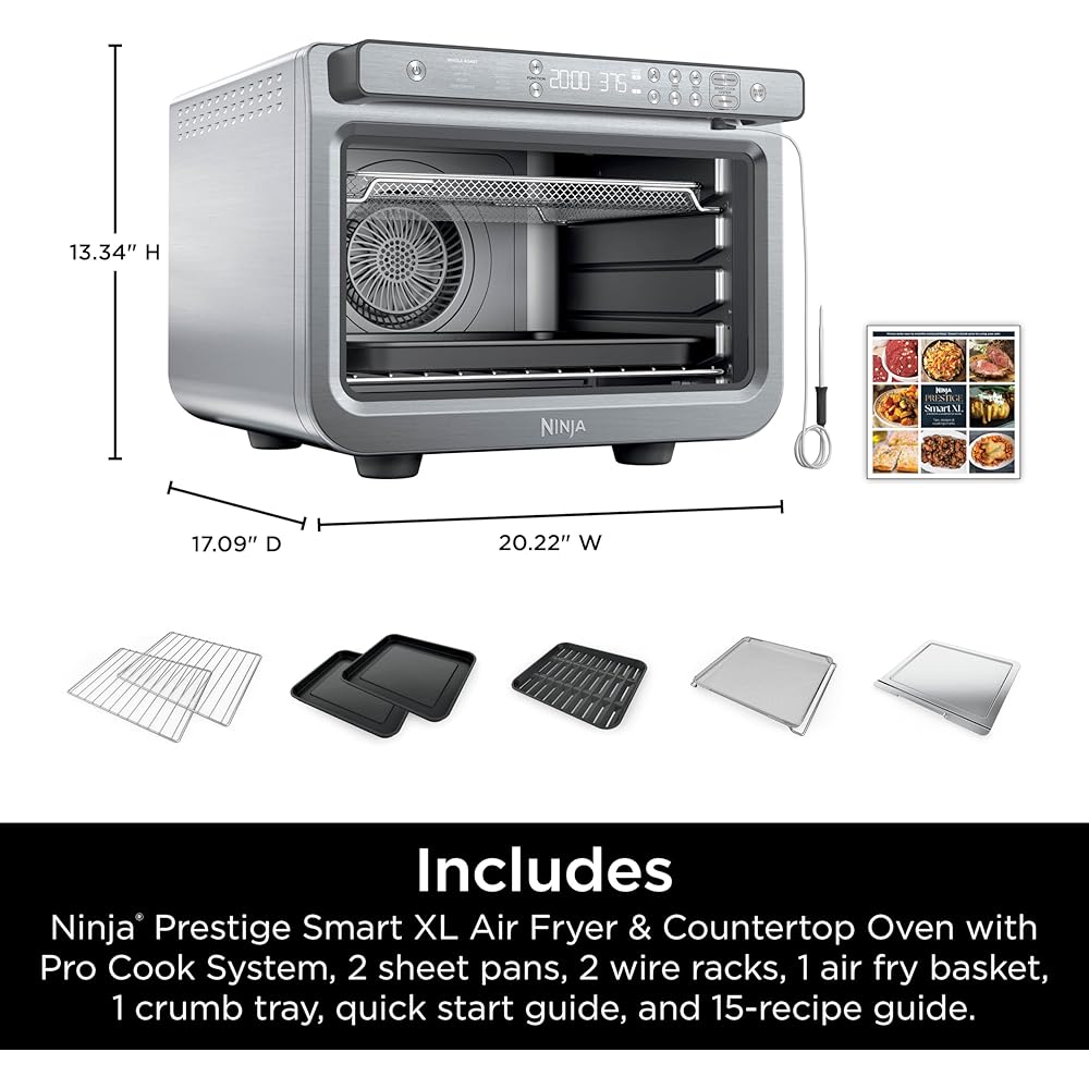 Ninja Prestige Smart XL with Pro Cook System 10-in-1 Air Fry Digital Countertop Convection Toaster Oven with Air Fry, Air Roast, Broil &amp; Bake, Pro Cook Thermometer, 1800 Watts, Stainless Steel, DT551