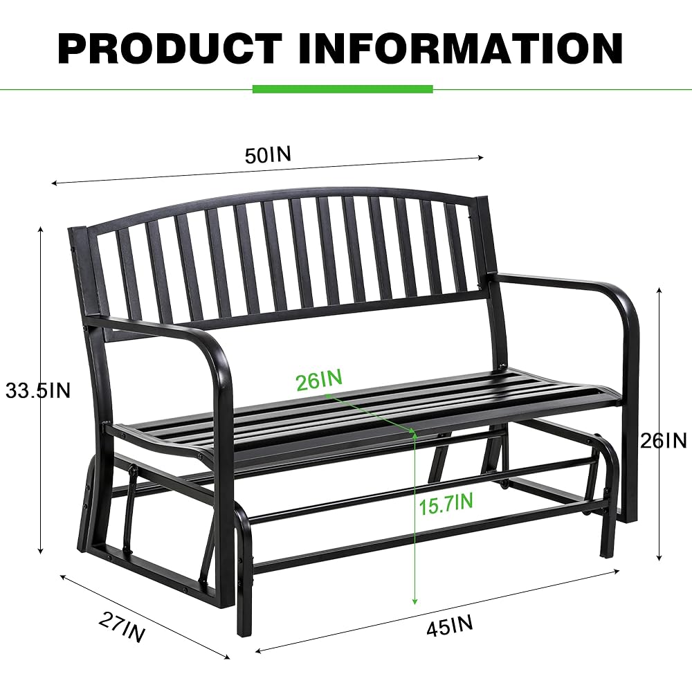 Metal Outdoor Glider Bench Waterproof Patio Glider Bench Porch Glider Swing Rocking Chair Glider with Powder Coated Frame for Garden Porch Balcony Backyard Lawn