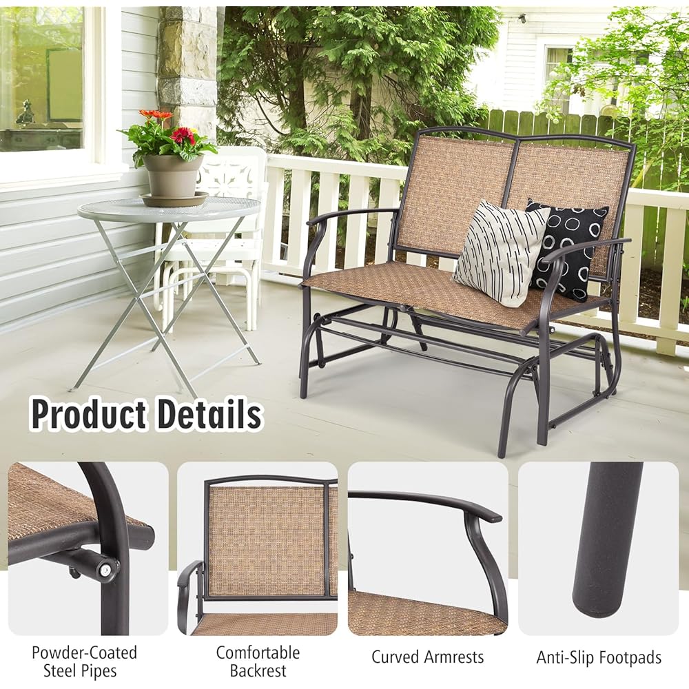 Tangkula 2-Person Patio Glider Bench, Outdoor Rocker Glider Loveseat Chair W/Heavy-Duty Steel Frame, Breathable Seat Fabric, Rocking Lounge Chair for Poolside, Garden, Backyard (Brown)