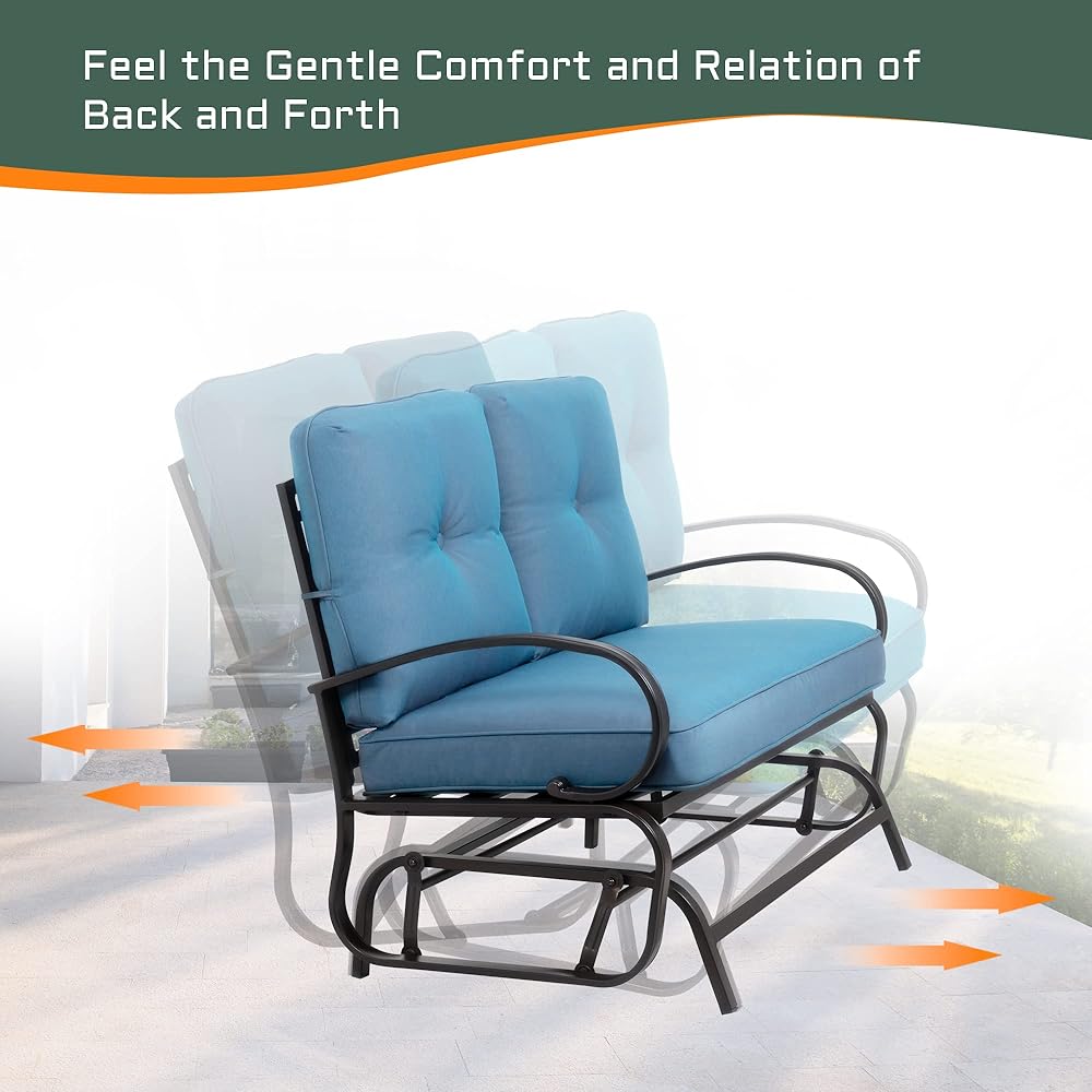 Shintenchi Metal Outdoor Patio Swing Glider Bench, Loveseat Rocking Chair, Wrought Iron Patio Furniture Steel Frame Glider Chair with Cushion for Porch, Balcony, Garden(Blue)
