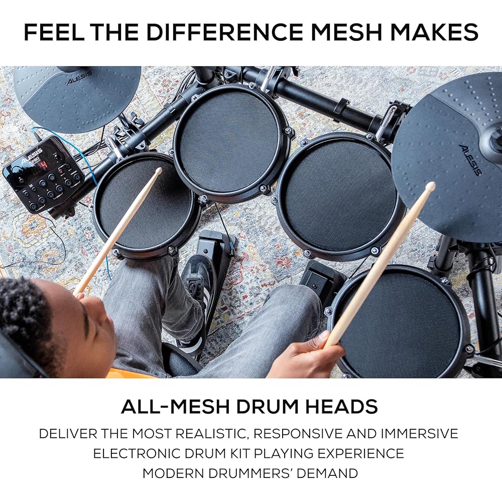 Alesis Turbo Mesh Kit – Electric Drum Set With 100+ Sounds, Quiet Mesh Drum Pads, Drum Sticks, Connection Cables, Drum Lessons