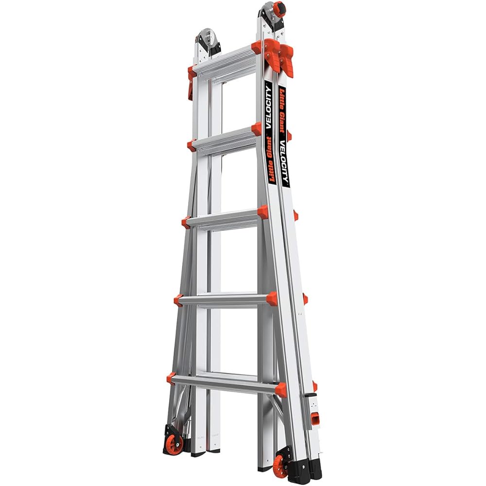 Little Giant Ladders Velocity, 22-Ft Folding Multi-Position Ladder, Aluminum, 300 lb Load Capacity, Type 1A Extra Heavy Duty, 22-Ft Reach, with Ratchet Levelers and Wheels (15422-801)