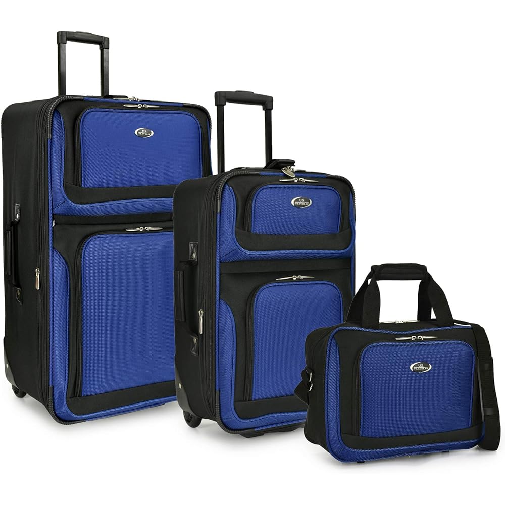 | U.S. Traveler New Yorker Lightweight Softside Expandable Travel Rolling Luggage, Blue Dobby, 3-Piece Set (15/21/29) | Luggage Sets
