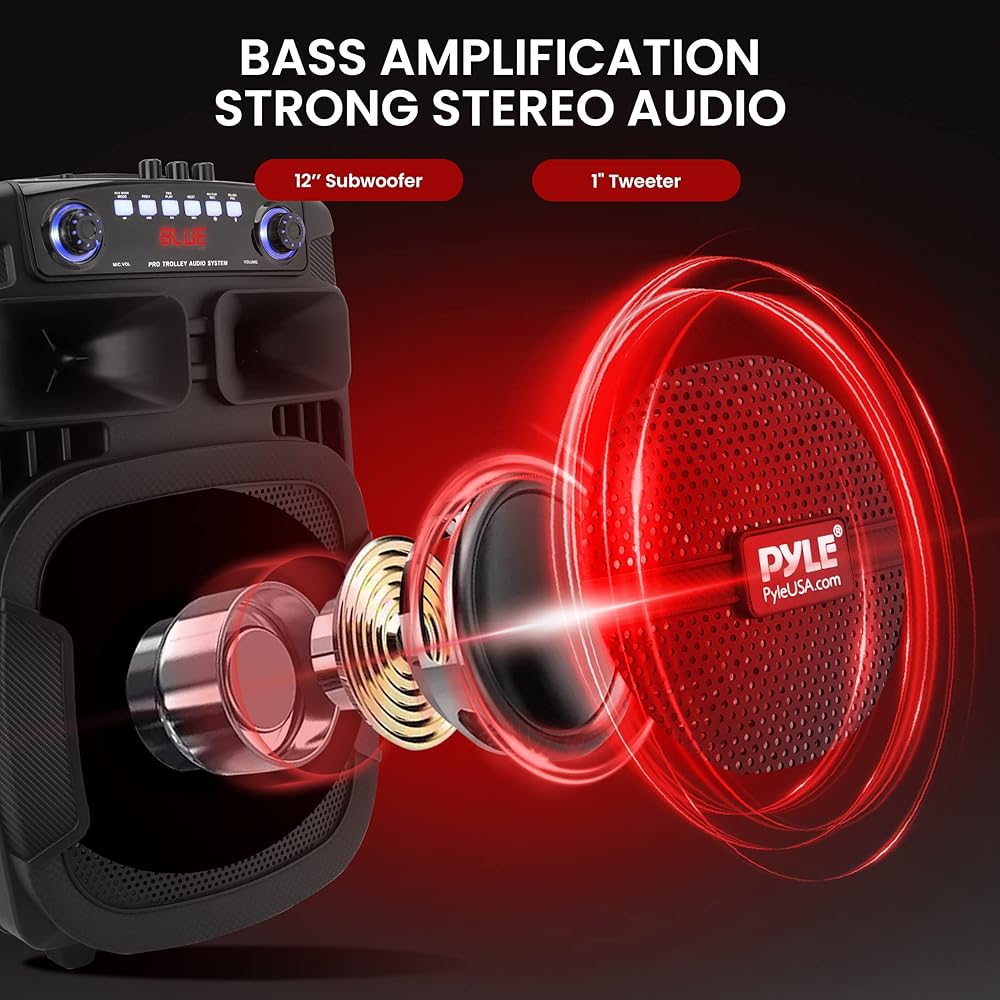 Pyle Portable Bluetooth PA Speaker System 800W 12 Inch Outdoor Speaker with Built-In Party Lights USB/SD Card Reader, FM Radio, Extendable Handle w/ Wheels Includes Wired Microphone &amp; Remote