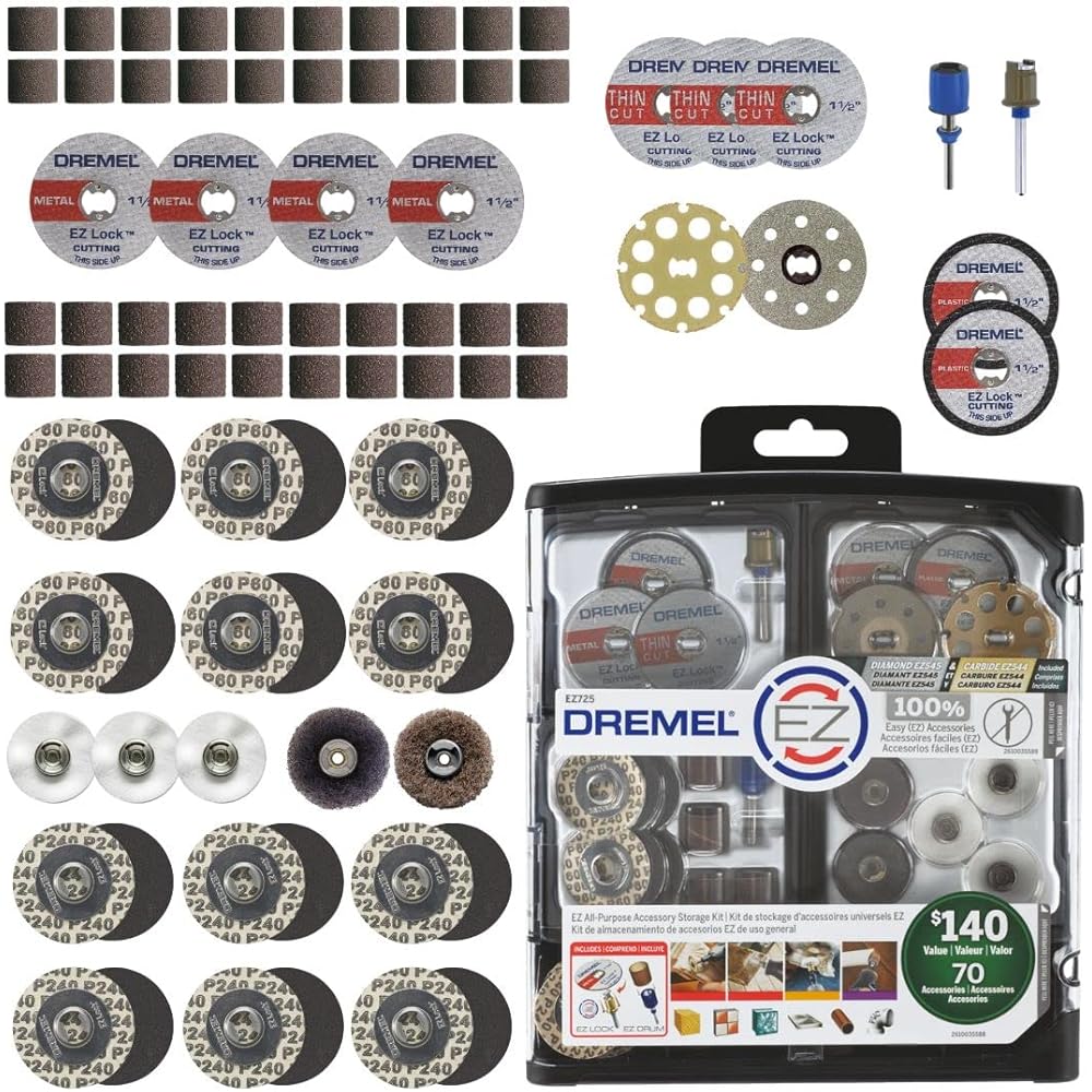Dremel EZ725 70-Piece All-Purpose Rotary Tool Accessory Set With Storage Kit EZ-Lock And EZ Drum For Faster Accessory Changes Perfect for Cutting, Polishing, Cleaning, And Sanding