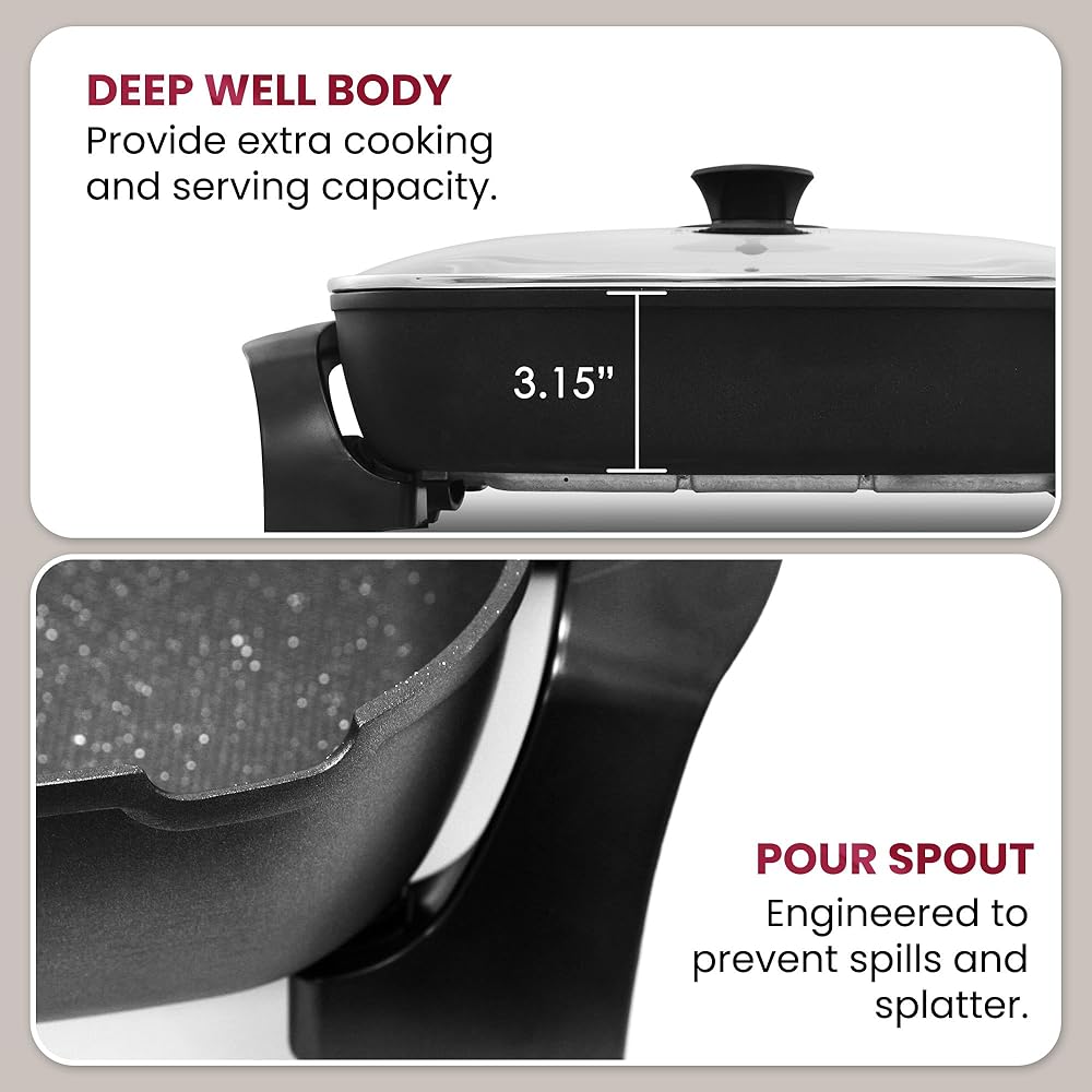 Elite Gourmet EG-6203# Extra Deep 16"x13"x3.2" (10.5Qt.) Scratch Resistant, Easy Pour Spout Dishwasher Safe, Non-stick Electric Skillet with Glass Vented Lid, Adjustable Temperature, Black