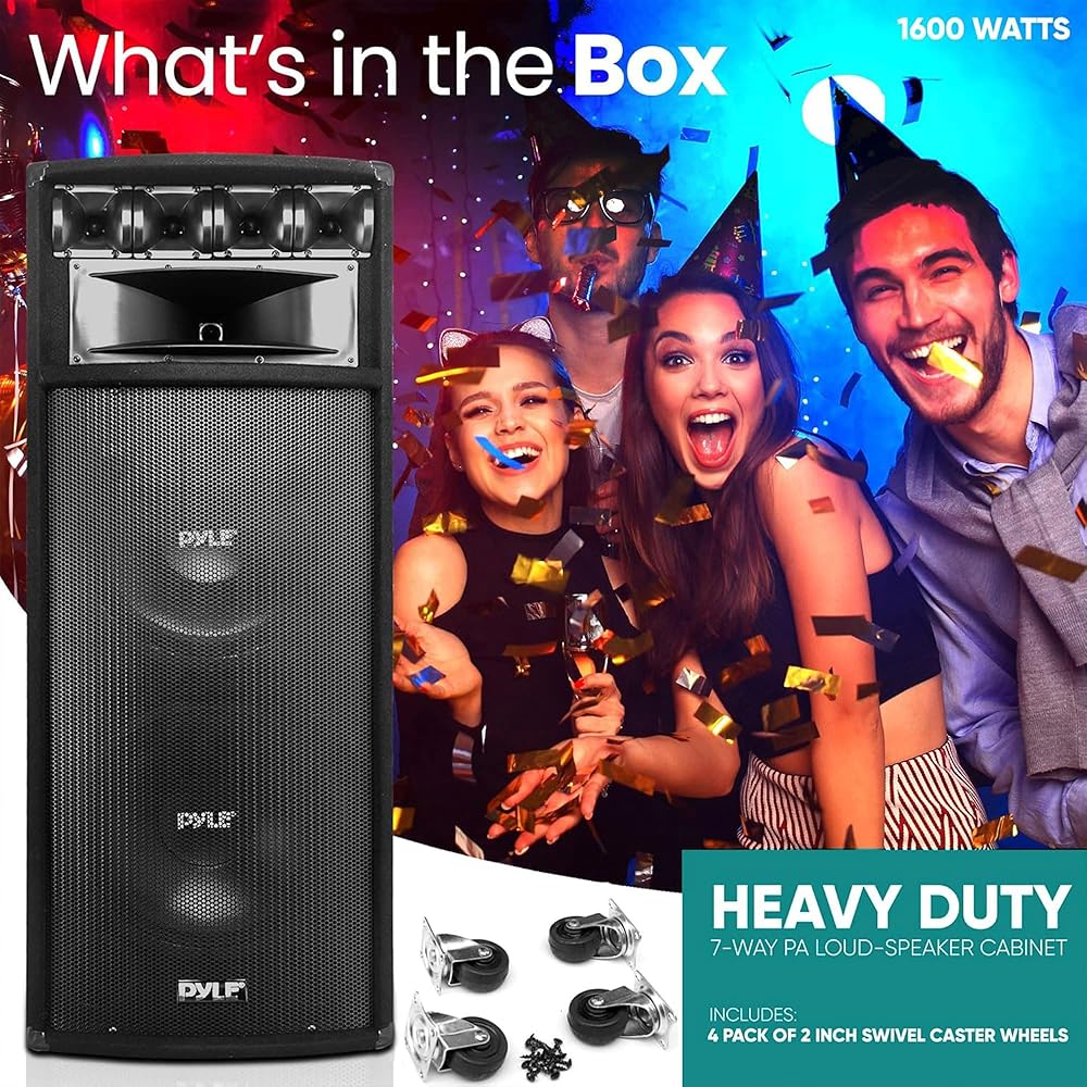 Pyle Portable Cabinet PA Speaker System 1600 Watt Outdoor Stereo Sound Speakers w/ Dual 12" Woofers, 3.4" Piezo Tweeters, 5"x12" Super Horn Midrange, Crossover Network