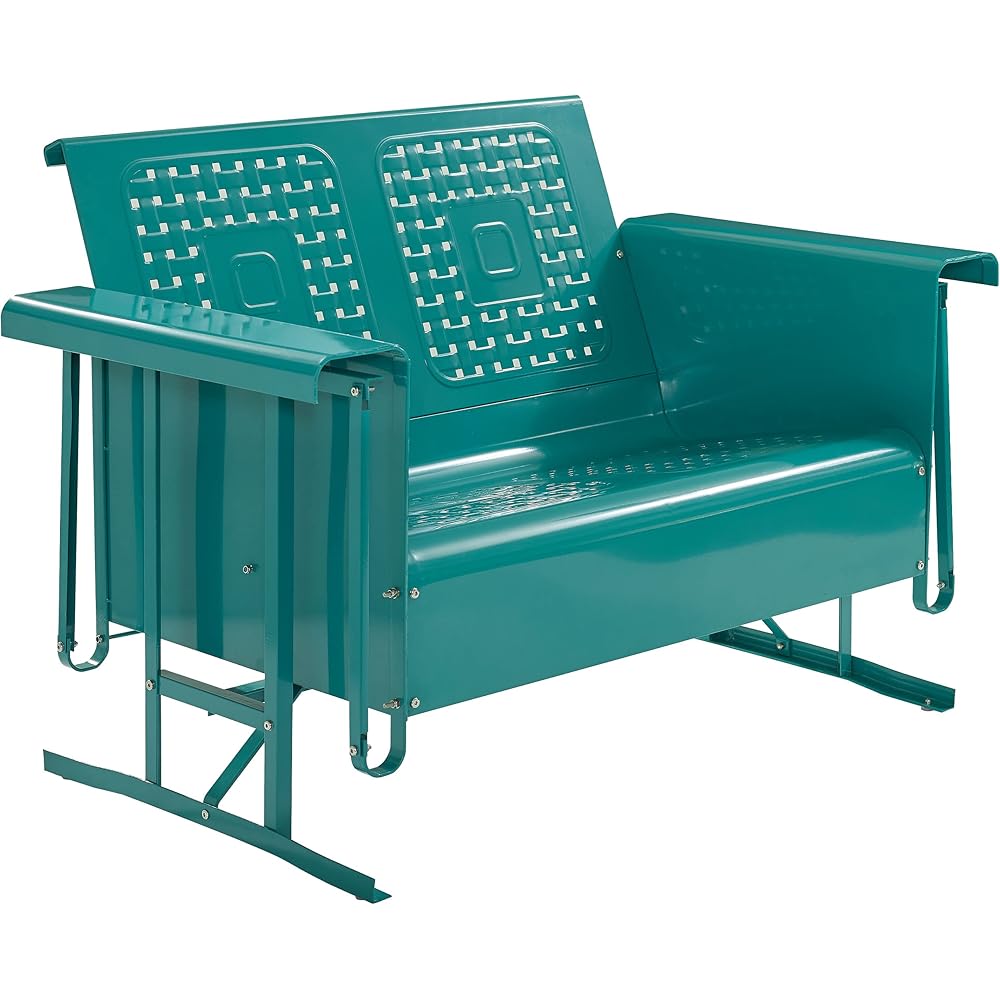 Crosley Furniture Bates Retro Metal Outdoor Loveseat Glider, 2-Person Rocking Patio Bench for Porch, Deck, Turquoise Gloss