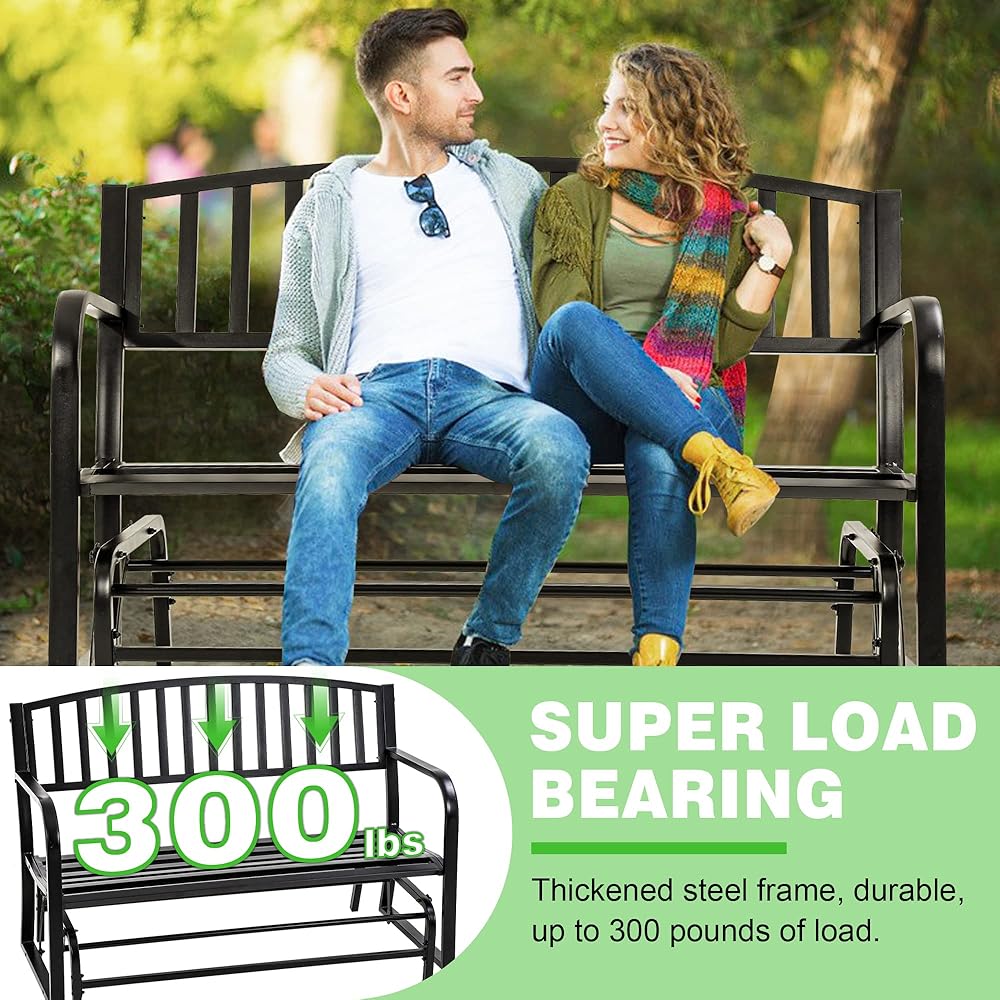 Metal Outdoor Glider Bench Waterproof Patio Glider Bench Porch Glider Swing Rocking Chair Glider with Powder Coated Frame for Garden Porch Balcony Backyard Lawn