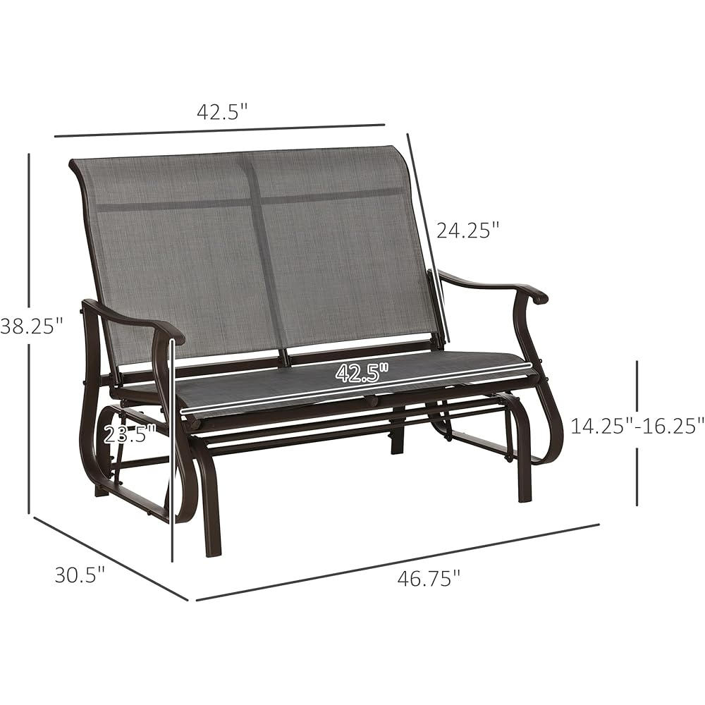 Outsunny 2-Person Outdoor Glider Bench，Patio Glider Loveseat Chair with Powder Coated Steel Frame，2 Seats Porch Rocking Glider for Backyard, Lawn, Garden and Porch, Mixed Gray