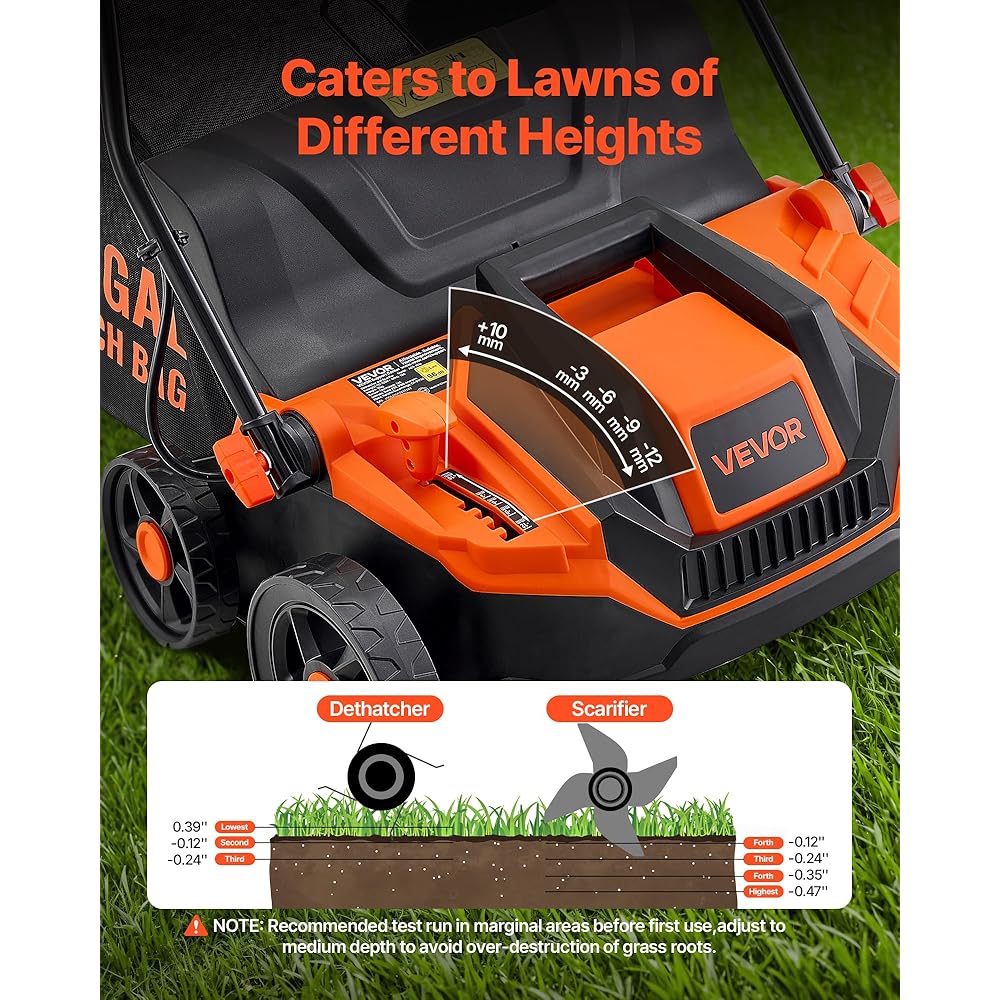 VEVOR 2-in-1 Electric Dethatcher and Scarifier, 13-Inch 13 Amp, Corded Lawn Dethatcher with 13-Gallon Thatch Collection Bag, 5-Position Depth Adjustment, Walk Behind Machine for Garden Yard Grass