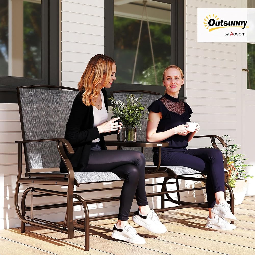Outsunny Outdoor Glider Bench with Center Table, Metal Frame Patio Loveseat with Breathable Mesh Fabric and Armrests for Backyard Garden Porch, Gray