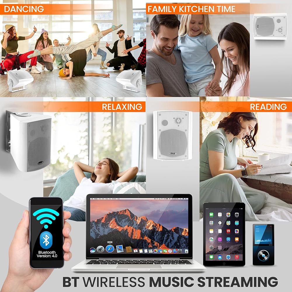 Pyle 6.5'' Wireless BT Streaming Speakers Pro-Active, Wall Mountable, 100W MAX w/ 2-Way Full Range Stereo Sound Reproduction, Built-in Digital Sound Amplifier, Pair, Elegant White Color PDWR69BTW