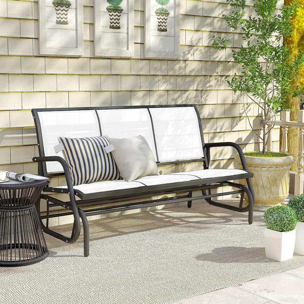 Outsunny 3-Person Patio Glider Bench, Outdoor Porch Glider Swing with 3 Seats, Breathable Mesh Fabric, Metal Frame, Cream White