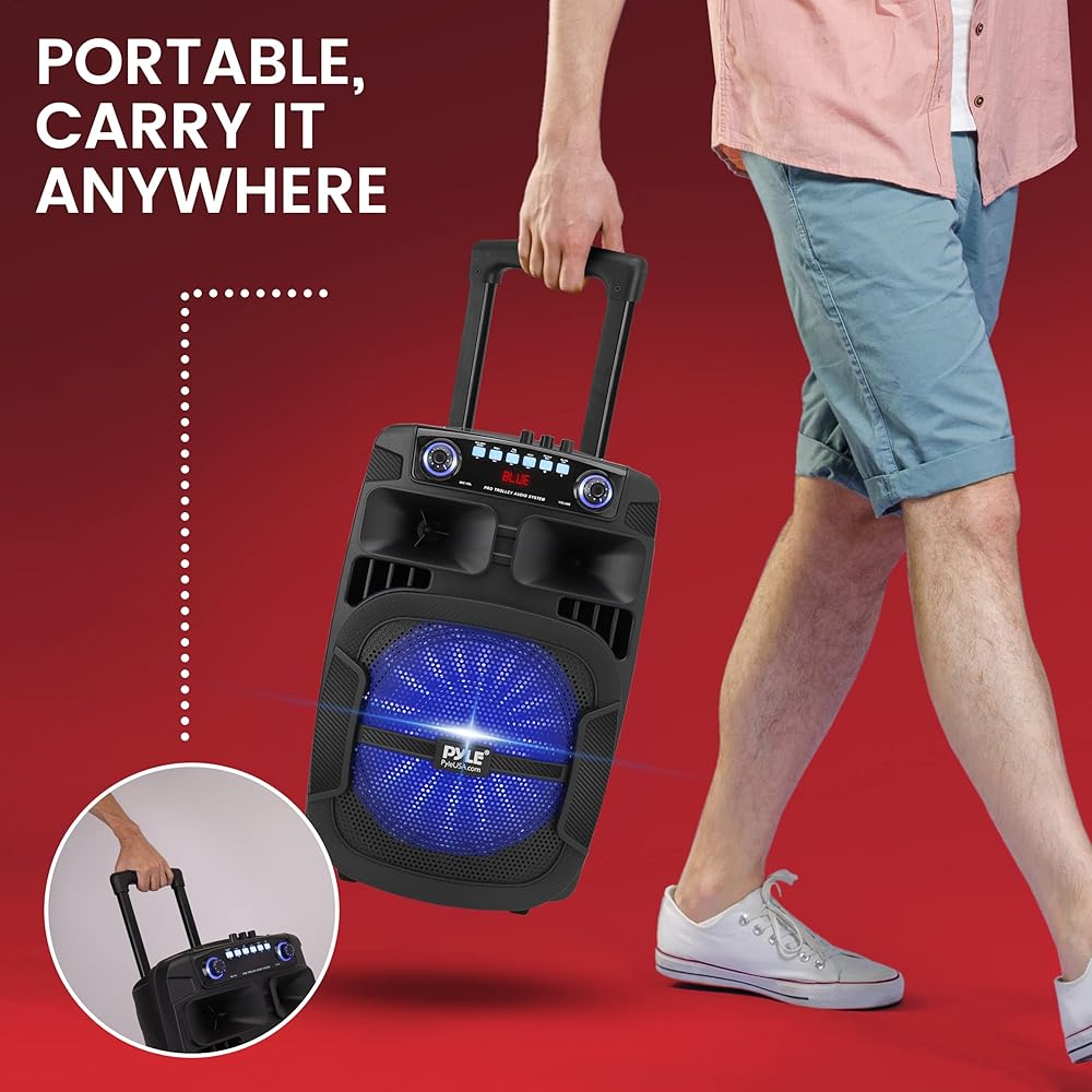 Pyle Portable Bluetooth PA Speaker System 800W 12 Inch Outdoor Speaker with Built-In Party Lights USB/SD Card Reader, FM Radio, Extendable Handle w/ Wheels Includes Wired Microphone &amp; Remote