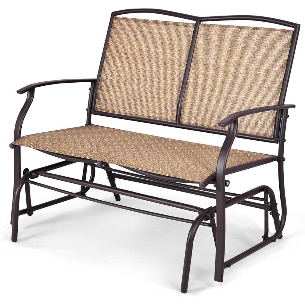 Tangkula 2-Person Patio Glider Bench, Outdoor Rocker Glider Loveseat Chair W/Heavy-Duty Steel Frame, Breathable Seat Fabric, Rocking Lounge Chair for Poolside, Garden, Backyard (Brown)