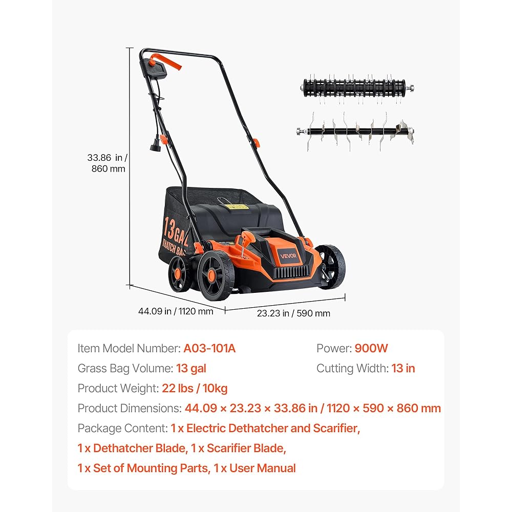 VEVOR 2-in-1 Electric Dethatcher and Scarifier, 13-Inch 13 Amp, Corded Lawn Dethatcher with 13-Gallon Thatch Collection Bag, 5-Position Depth Adjustment, Walk Behind Machine for Garden Yard Grass