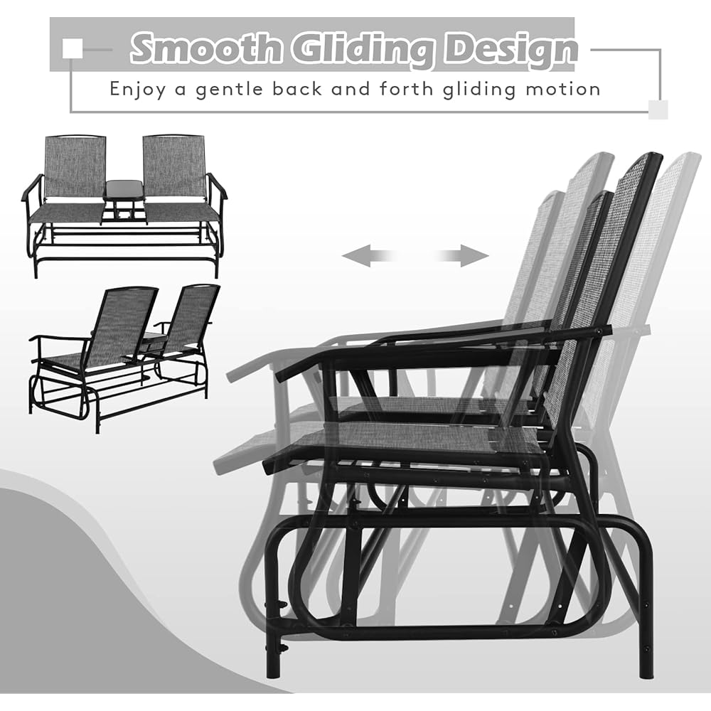 FANTASK 2 Person Outdoor Glider Bench w/Tempered Glass Table, Swing Patio Glider Chair with Steel Frame &amp; Breathable Seat, Double Rocking Chair for Porch, Poolside, Patio, Garden (Grey)