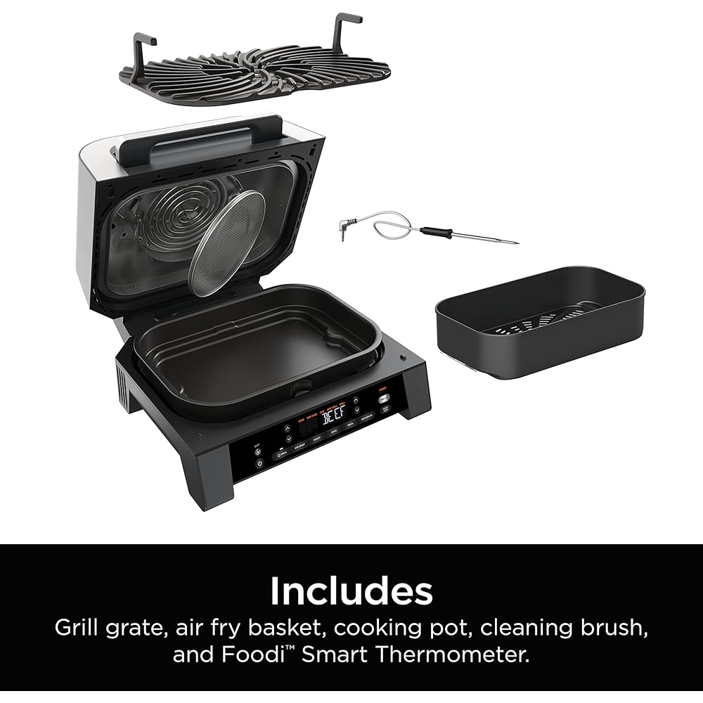 Ninja DG551 Foodi Smart XL 6-in-1 Indoor Grill with Air Fry, Roast, Bake, Broil, &amp; Dehydrate, Foodi Smart Thermometer, 2nd Generation, Black/Silver