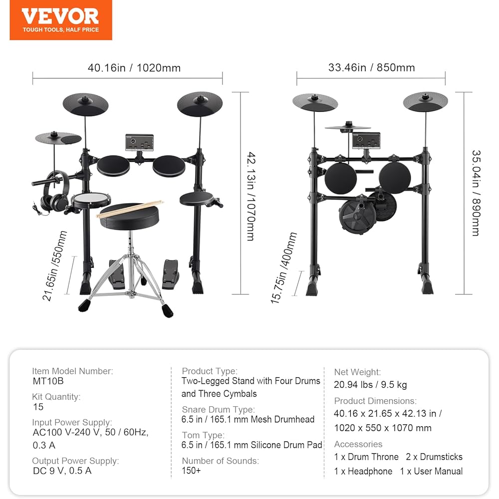 VEVOR Electric Drum Set, 15 Drum Kits &amp; 150 Sounds Electronic Drum Kit, USB MIDI Supported 6.5 in Quiet Mesh Snare Electric Drum Set with 10 in Cymbals Drum Sticks &amp; Headphone, for Beginners &amp; Adults