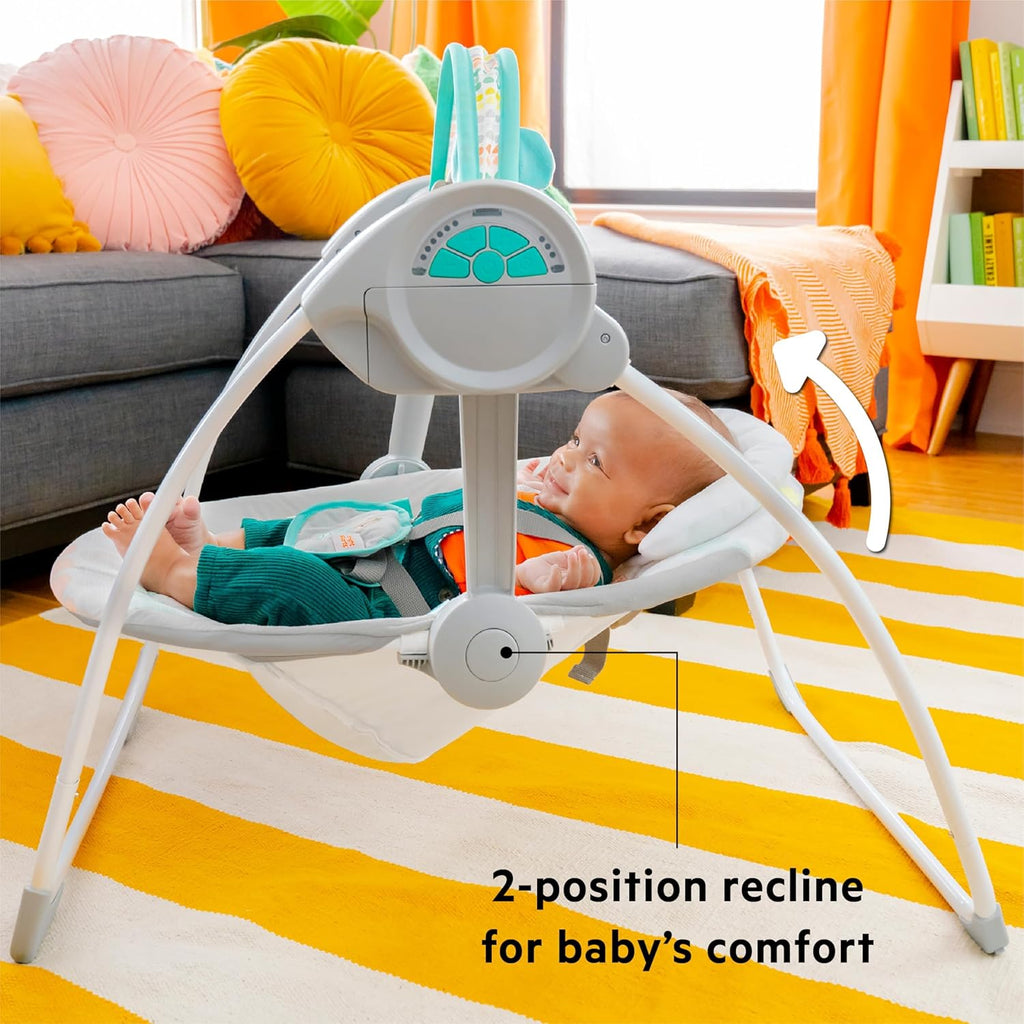 Bright Starts Portable Automatic 6-Speed Baby Swing with Adaptable Speed, Taggies, Music, Removable-Toy-Bar, 0-9 Months 6-20 lbs (Whimsical Wild)