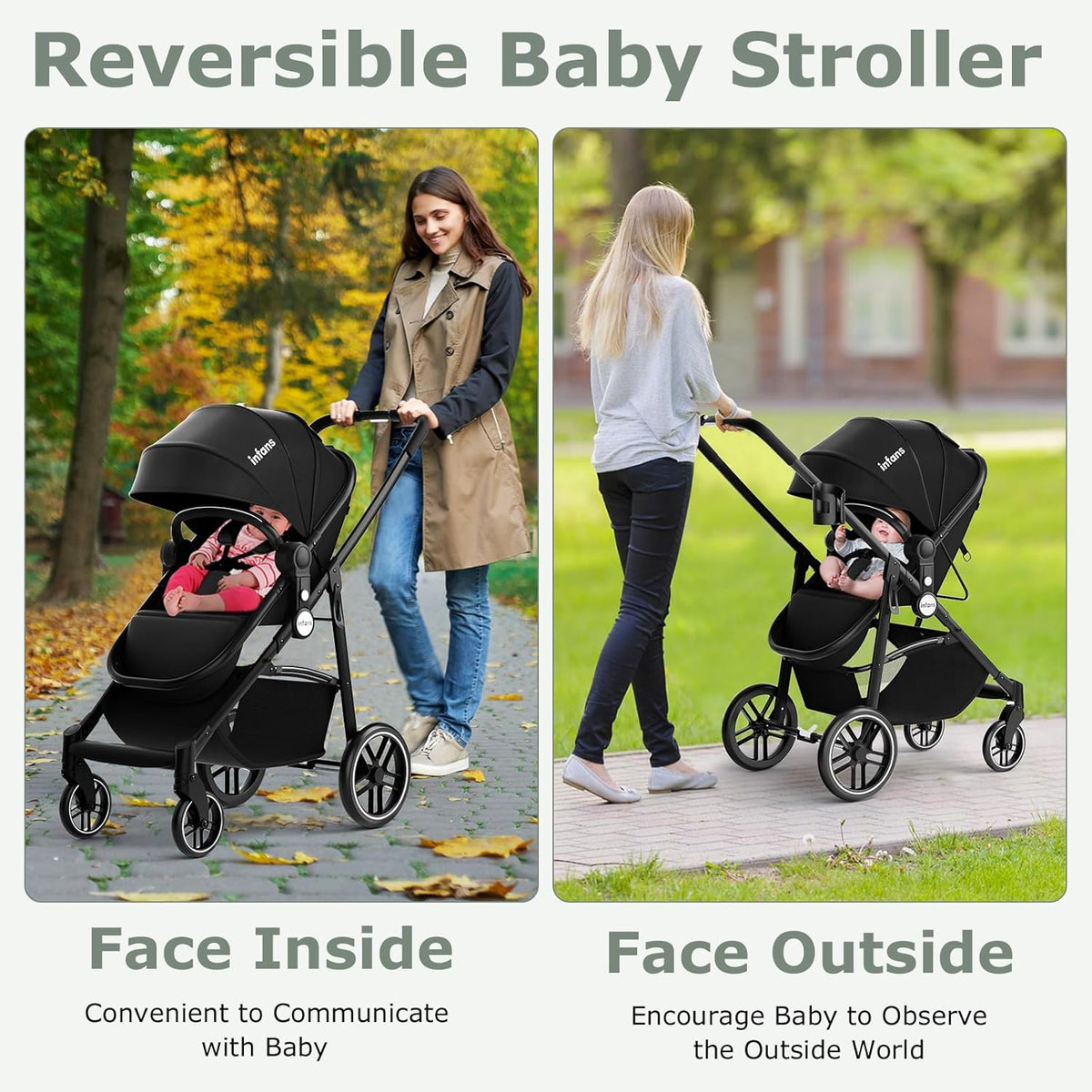 INFANS 2 in 1 Baby Stroller, High Landscape Infant Stroller &amp; Reversible Bassinet Pram, Foldable Pushchair with Adjustable Canopy, Storage Basket, Cup Holder, Suspension Wheels (Black)