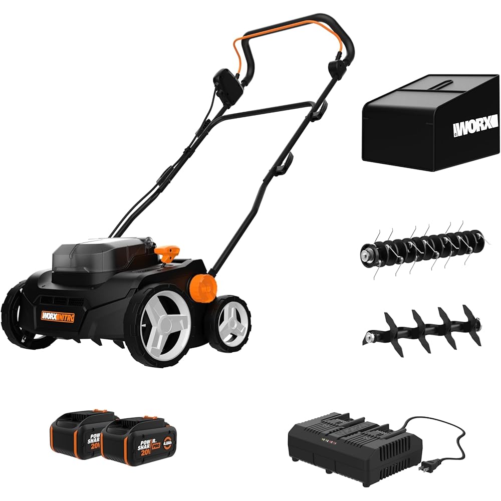 Worx Nitro 40V Cordless 14" Lawn Dethatcher w/ Brushless Motor, 2-in-1 Dethatcher and Scarifier Removes Deep Thatch, Dethatcher Cordless Tool to Improve Grass Health 2 Batteries &amp; Charger Included