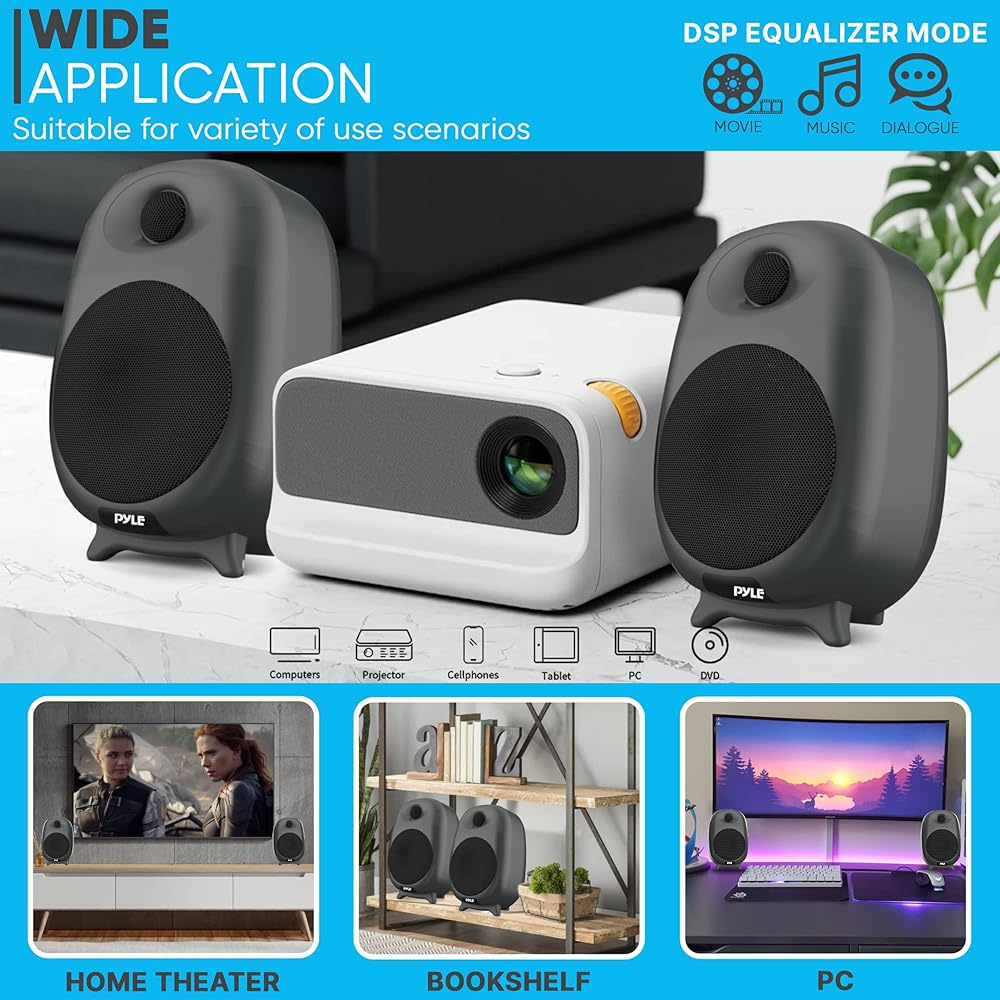 PyleUsa HiFi 60W Powered Bluetooth Bookshelf Monitor Speaker Set, Optical RCA Input, Bass/Treble Adjustable,Deep Bass, 3 Audio Mode,Studio Computer Desk Stereo System,Remote Control,Black PBKSR40