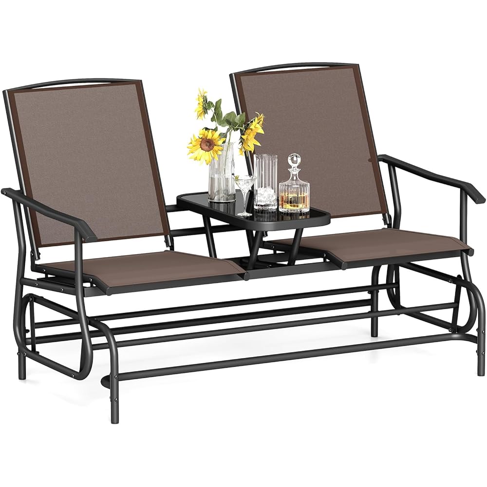 Tangkula 2 Person Swing Glider Chair, Patio Rocking Loveseat w/Center Tempered Glass Table, Outdoor Swing Bench w/Steel Frame &amp; Breathable Mesh Fabric for Porch, Balcony, Poolside (Brown)