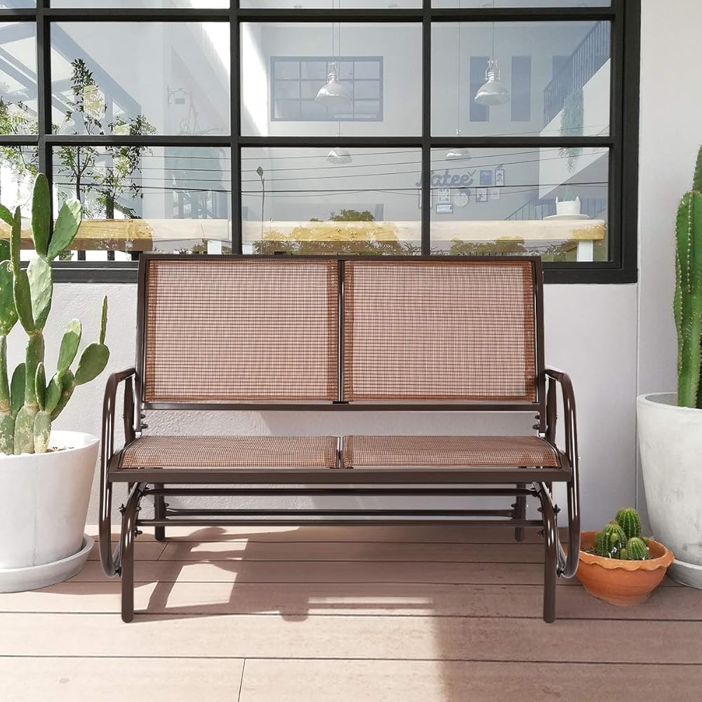 Giantex Swing Glider Chair 48 Inch with Spacious Space, 2 People Lounge Cozy Patio Bench Outdoor &amp; Indoor for Patio, Backyard, Poolside, Lawn Steel Rocking Garden Loveseat (Brown)