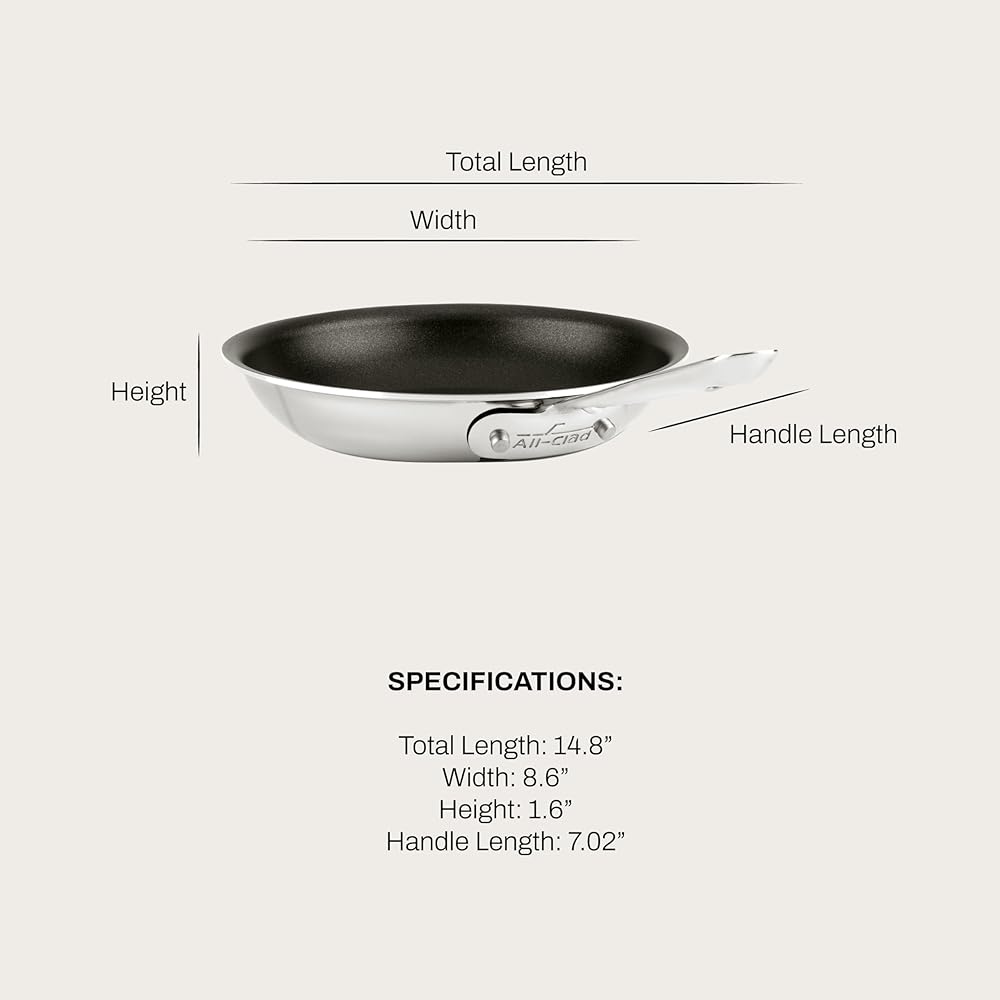 All-Clad D3 8 Inch Stainless Steel Pro Non Stick Frying pan, 3-Ply Stainless Steel Pan, Induction, Oven Broiler Safe 500F Skillet, Professional Cookware, Silver