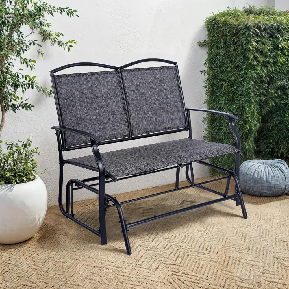 Backyard Expressions 2-Person Outdoor Glider Bench, Patio Double Swing Rocking Chair Loveseat w/Powder Coated Steel Frame for Backyard Garden Porch, Black Frame Heathered Grey Sling Fabric