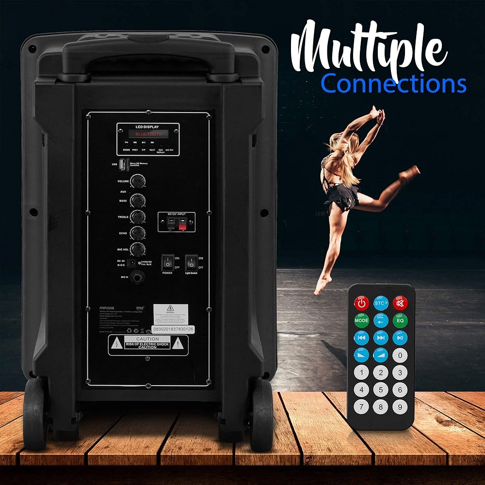 Pyle Wireless Portable PA Speaker System 800W Powered Bluetooth Indoor &amp; Outdoor DJ Stereo Loudspeaker with MP3 AUX 3.5mm Input, Flashing Party Light &amp; FM Radio-PPHP1244B,Black