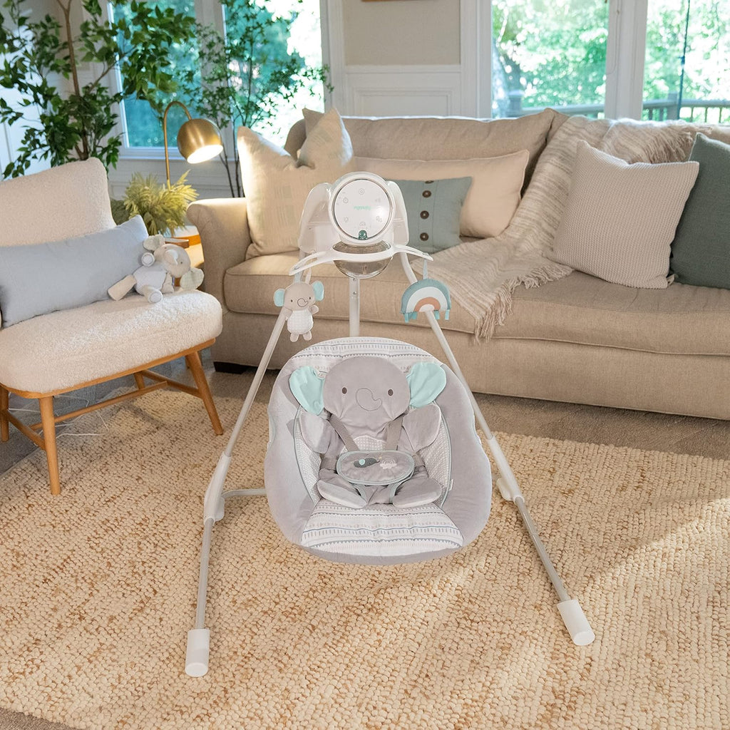 Ingenuity InLighten 5-Speed Baby Swing Swivel Infant Seat, 5 Point Safety Harness, Nature Sounds, Lights Van Elephant