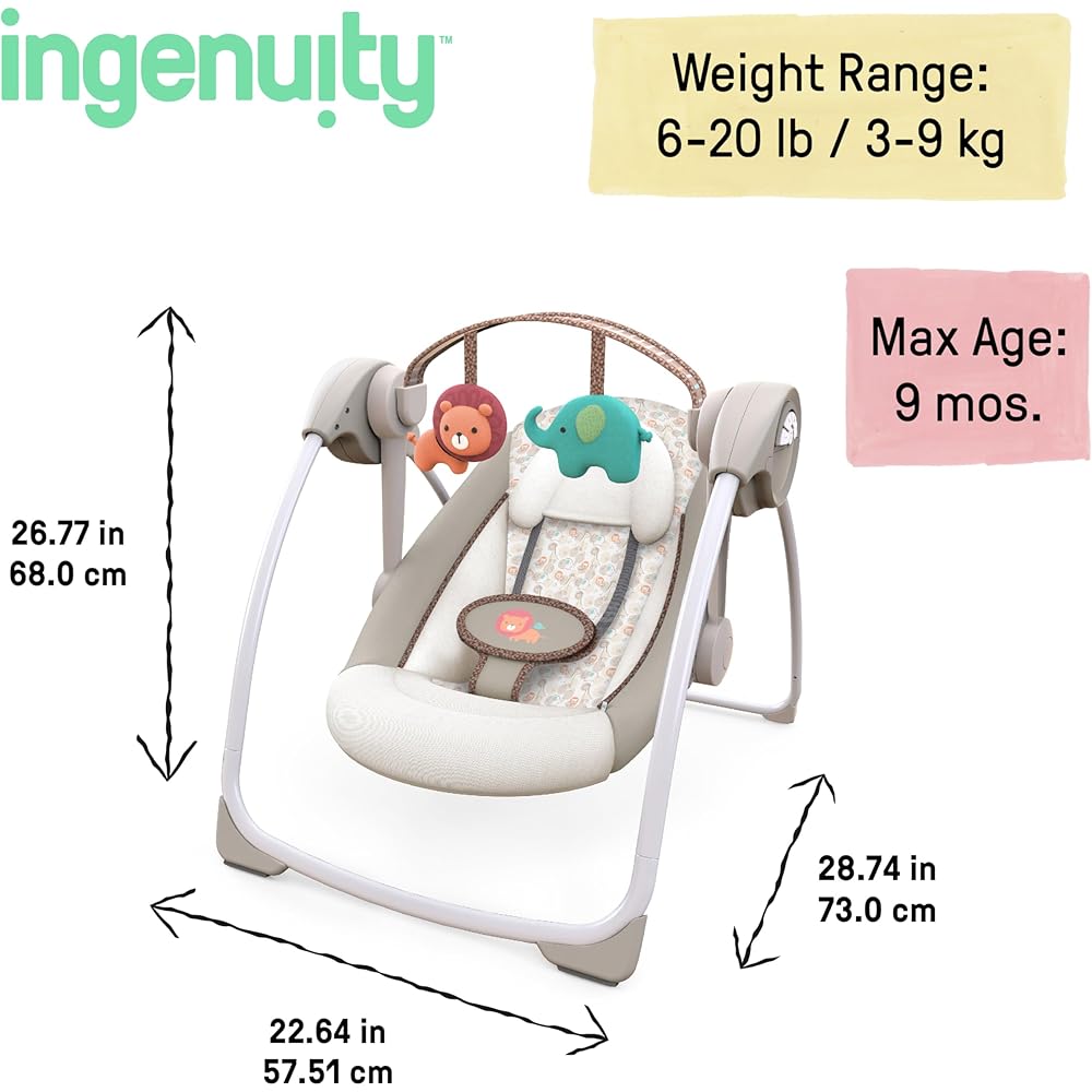 Ingenuity Soothe 'n Delight Compact Portable 6-Speed Plush Baby Swing with Music, Folds Easy, 0-9 Months 6-20 lbs (Cozy Kingdom)
