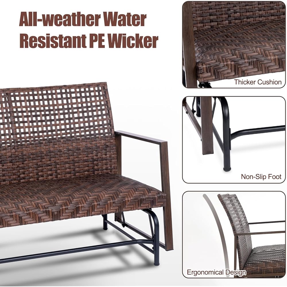 Wicker 2 Person Patio Glider with Double Weaved Wicker Seat, Powder Coated Metal Frame, 50" W x 25.5" D x 35.5" H, 400 Lb Weight Capacity