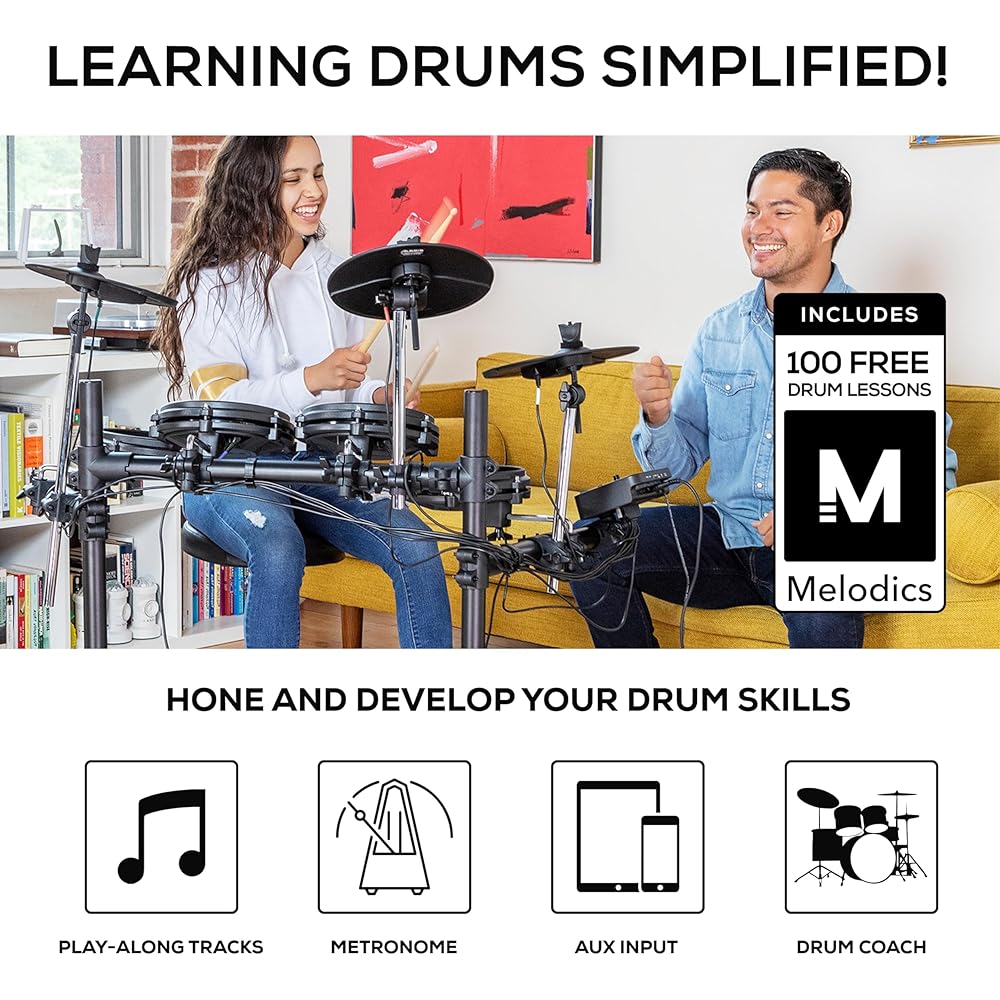Alesis Turbo Mesh Kit – Electric Drum Set With 100+ Sounds, Quiet Mesh Drum Pads, Drum Sticks, Connection Cables, Drum Lessons