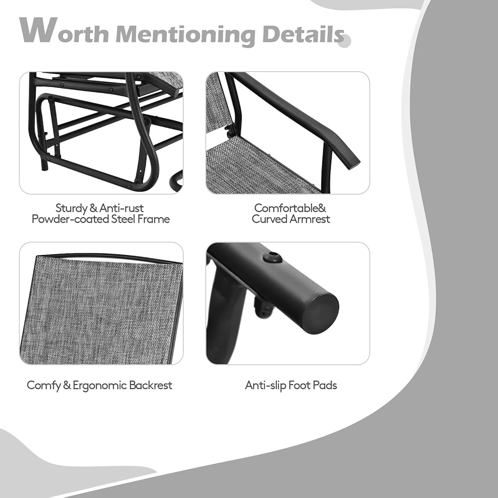 FANTASK 2 Person Outdoor Glider Bench w/Tempered Glass Table, Swing Patio Glider Chair with Steel Frame &amp; Breathable Seat, Double Rocking Chair for Porch, Poolside, Patio, Garden (Grey)