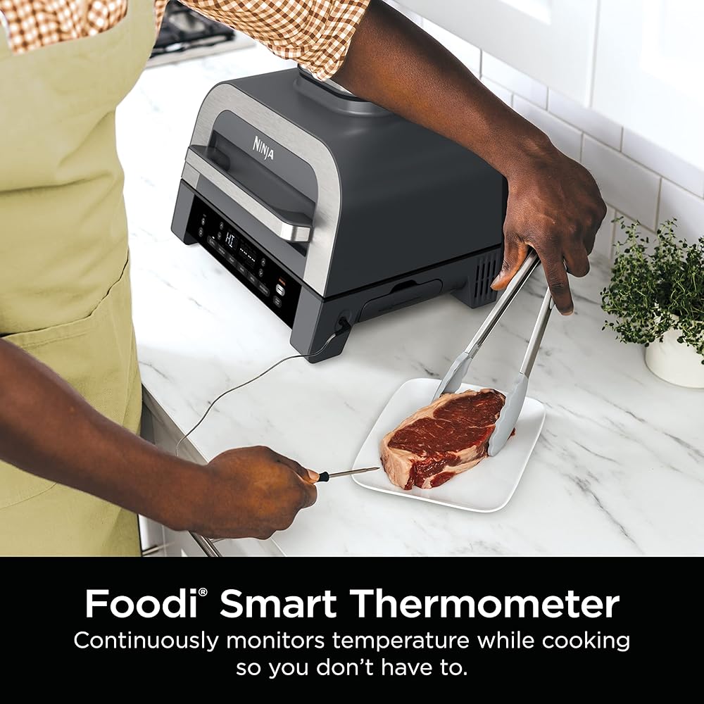 Ninja DG551 Foodi Smart XL 6-in-1 Indoor Grill with Air Fry, Roast, Bake, Broil, &amp; Dehydrate, Foodi Smart Thermometer, 2nd Generation, Black/Silver