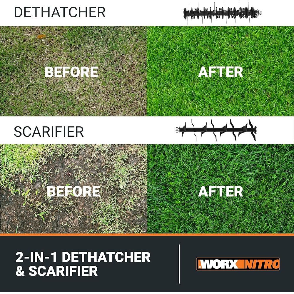 Worx Nitro 40V Cordless 14" Lawn Dethatcher w/ Brushless Motor, 2-in-1 Dethatcher and Scarifier Removes Deep Thatch, Dethatcher Cordless Tool to Improve Grass Health 2 Batteries &amp; Charger Included